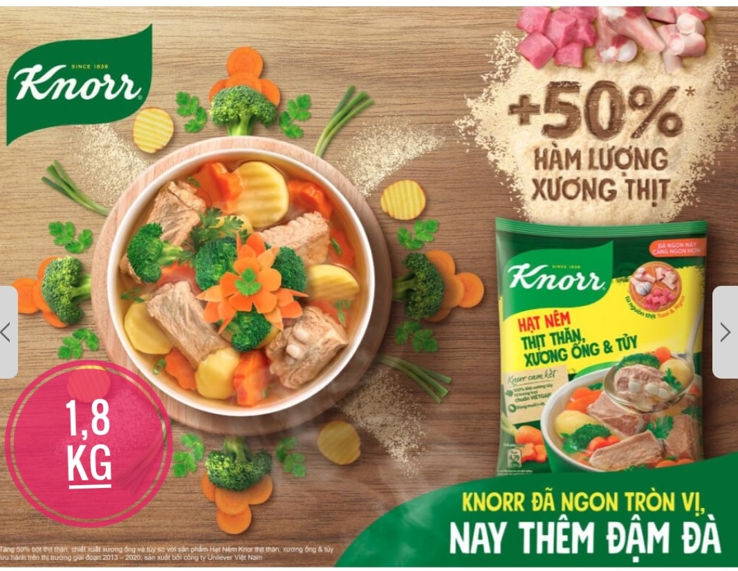 Hạt Nêm Thịt thăn, Xương ống, Tủy KNORR gói 1,8 kg Thùng 5 gói